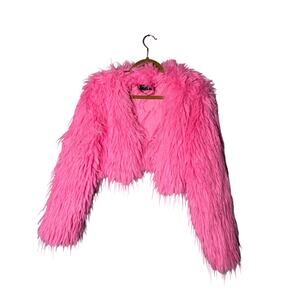 Vibrant Pink Llama Faux Fur Cropped Coat Open Front Festival Concert Glam Sz Med
